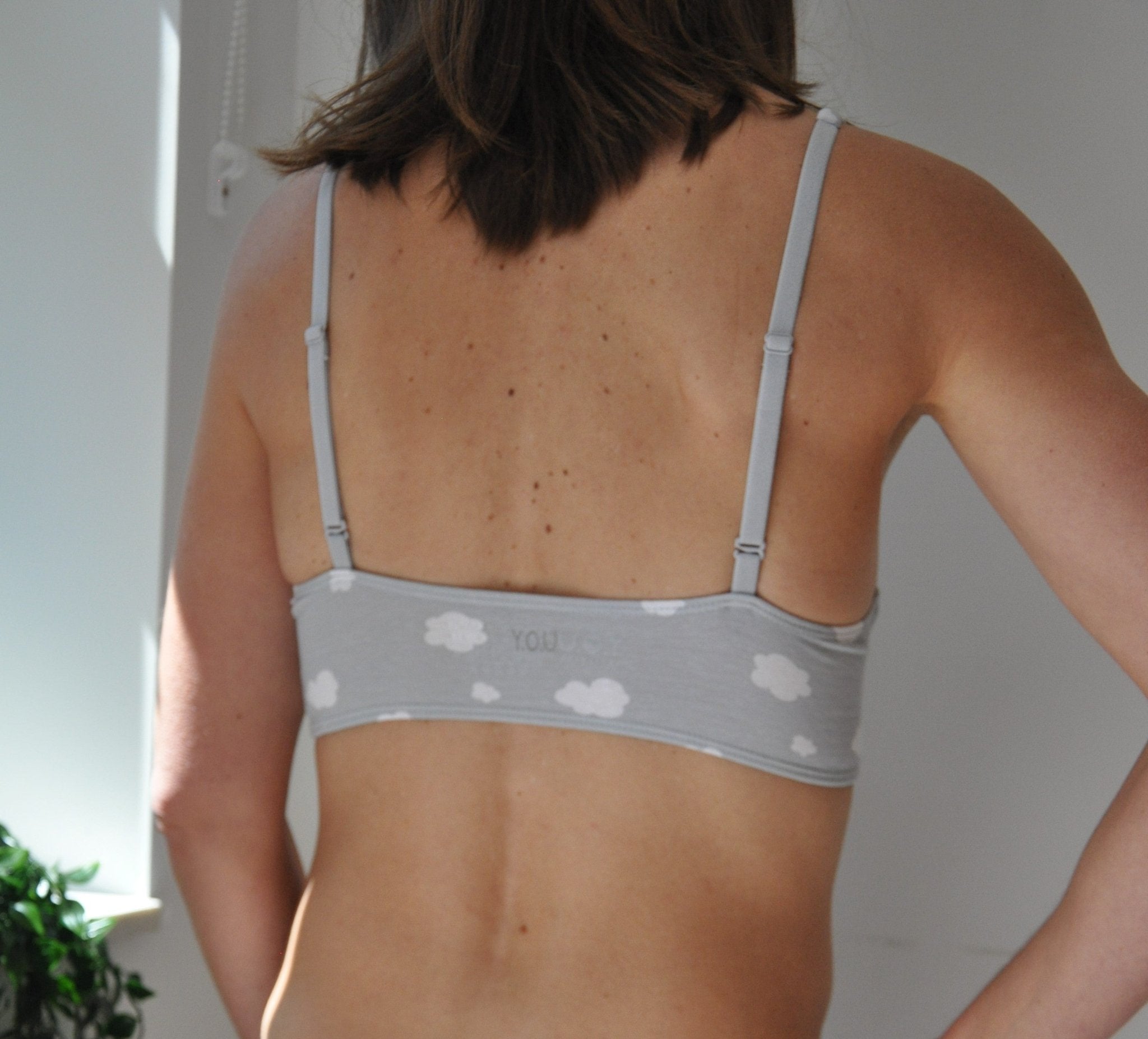 Women's organic cotton bralette in a light grey with white clouds pattern - Y.O.U underwear