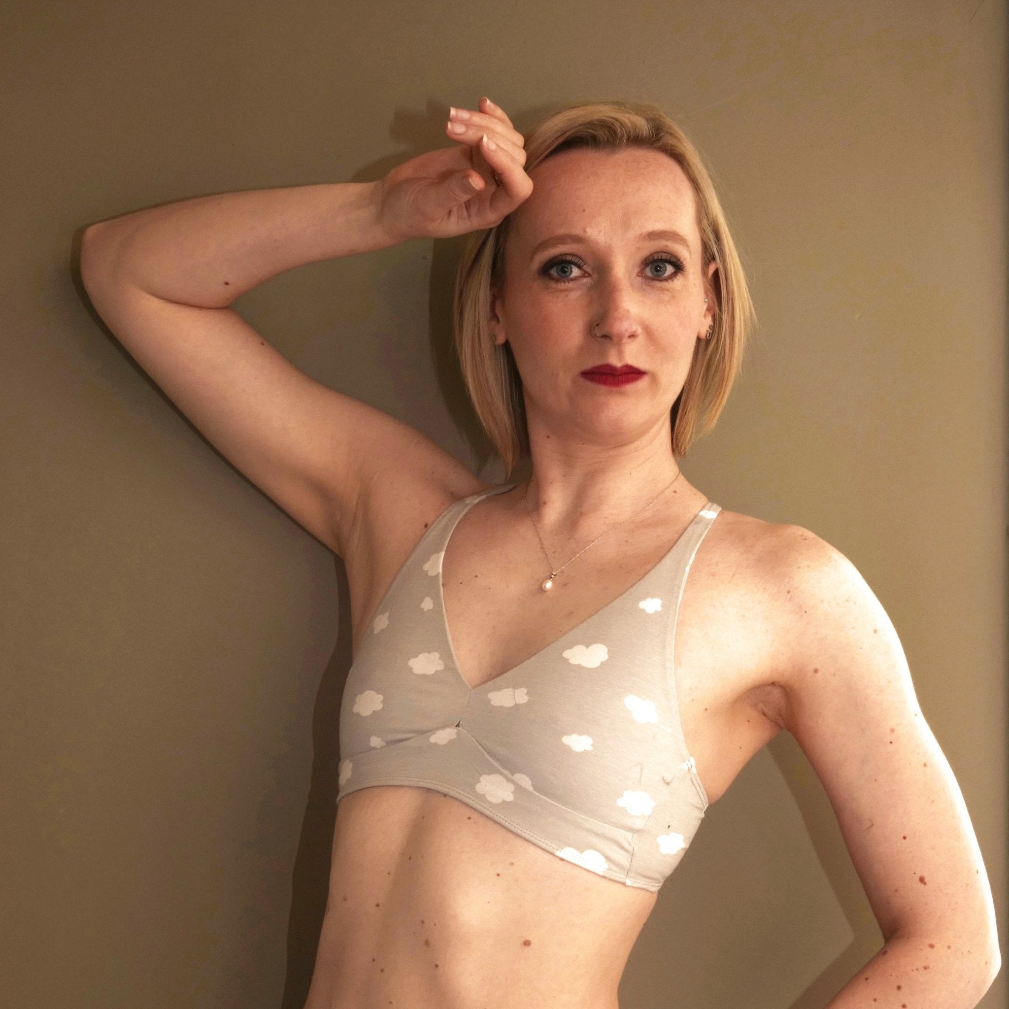 Women's organic cotton bralette in a light grey with white clouds pattern - Y.O.U underwear