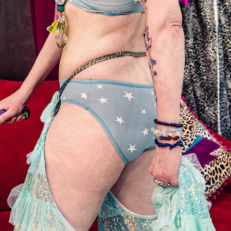 Women's organic cotton low - rise bikini bottoms - blue with white stars - Y.O.U underwear