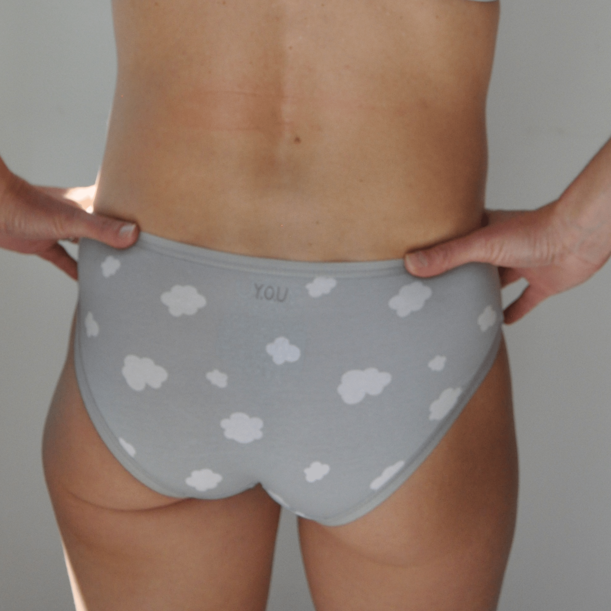 Women's organic cotton low - rise bikini bottoms - grey with white clouds - Y.O.U underwear