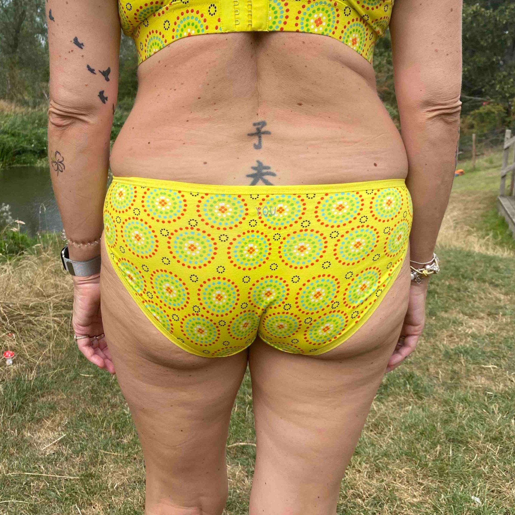 Women's organic cotton low - rise bikini bottoms - Yellow Mara design - Y.O.U underwear