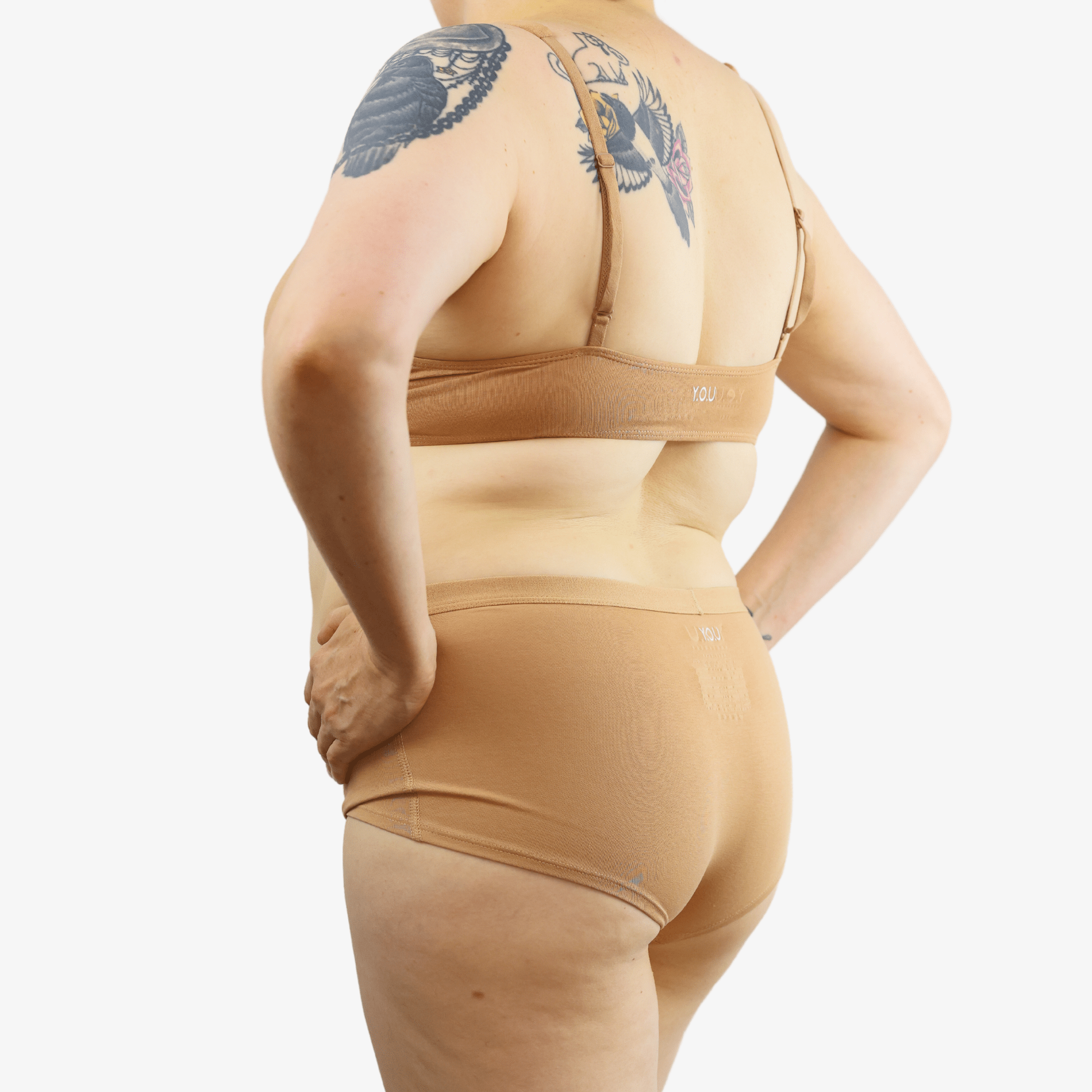 Women's organic cotton matching bralette and boy shorts set - almond (light nude) - Y.O.U underwear