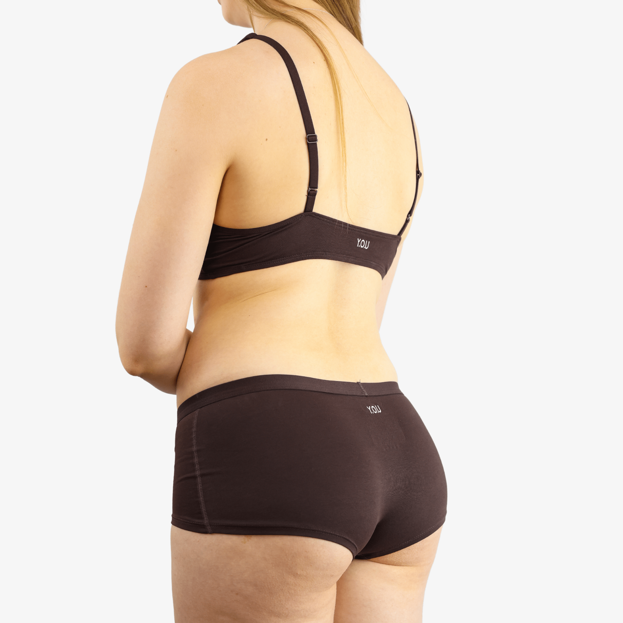 Women's organic cotton matching bralette and boy shorts set - cocoa (dark nude) - Y.O.U underwear