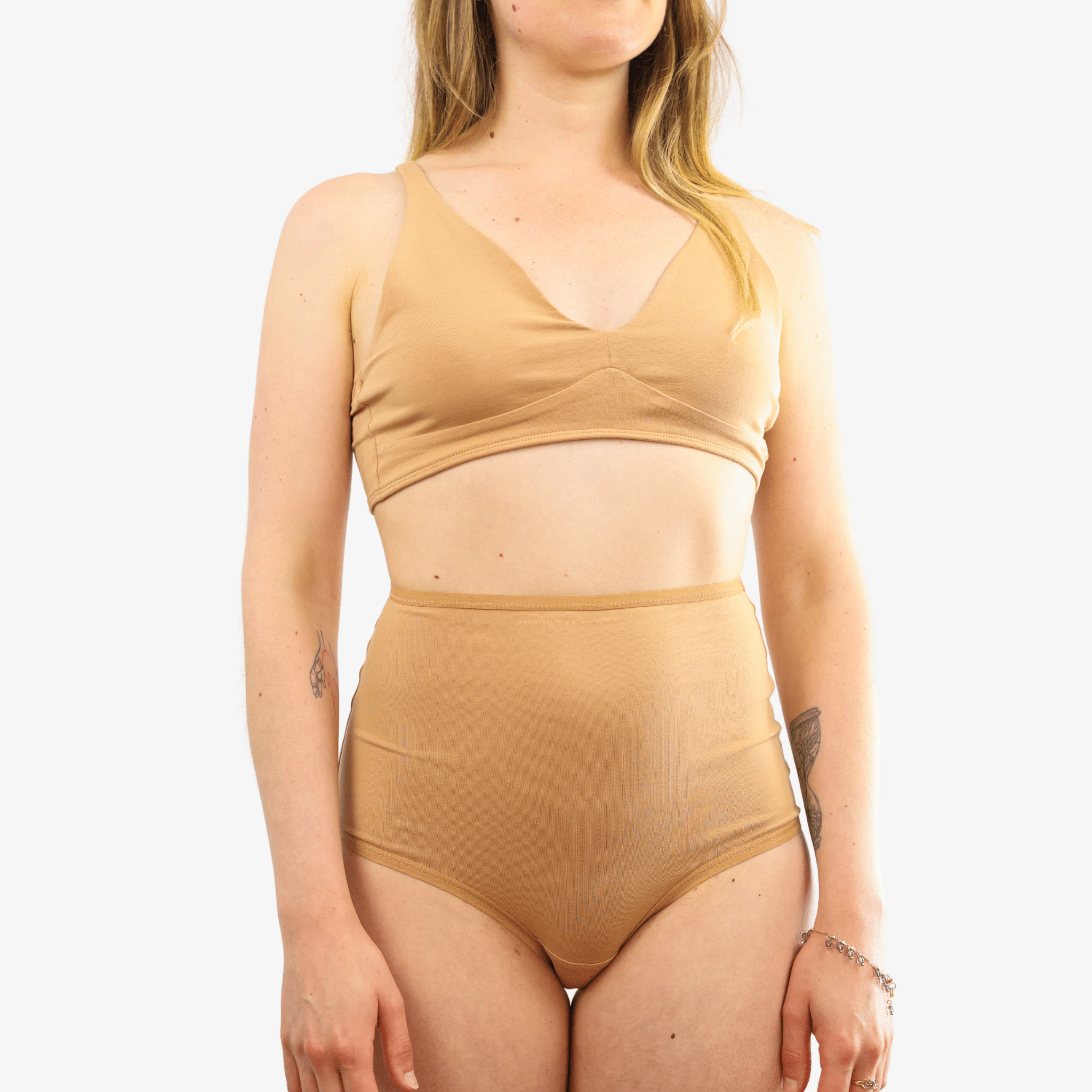 Women's organic cotton matching bralette and full briefs set - almond (light nude) - Y.O.U underwear