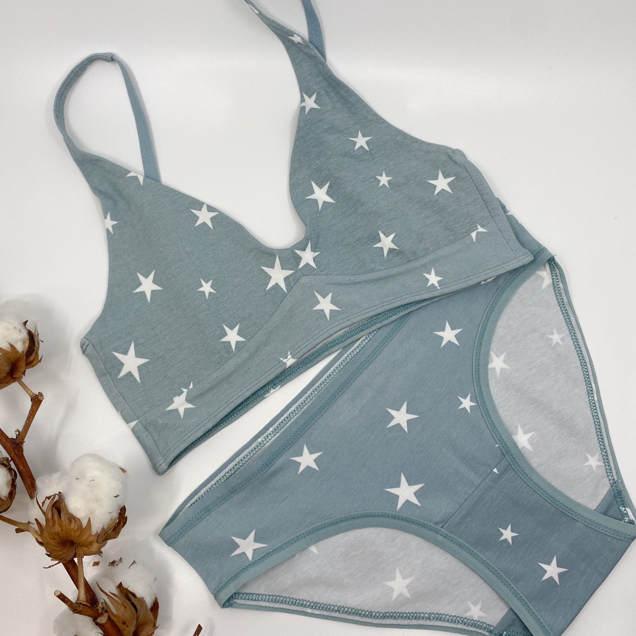 Women's organic cotton matching bralette and low - rise bikini set - blue with white stars pattern - Y.O.U underwear