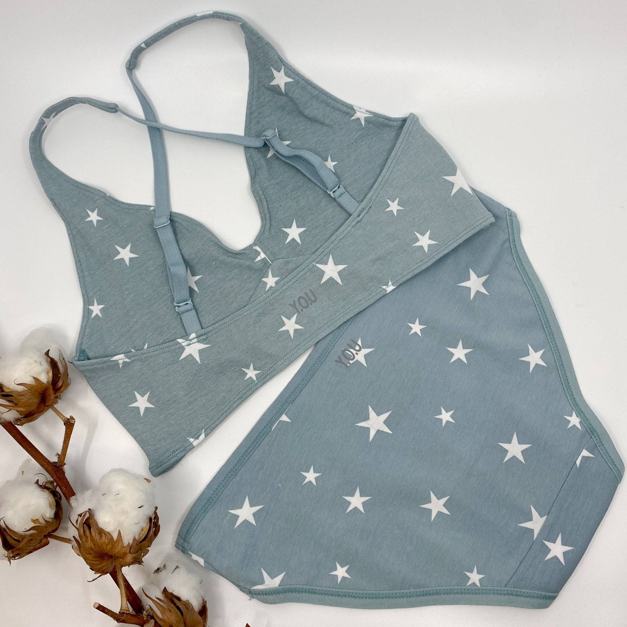 Women's organic cotton matching bralette and low - rise bikini set - blue with white stars pattern - Y.O.U underwear