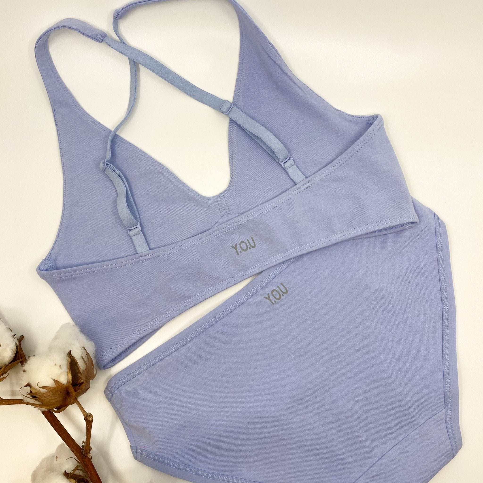 Women's organic cotton matching bralette and low - rise bikini set - light blue - Y.O.U underwear