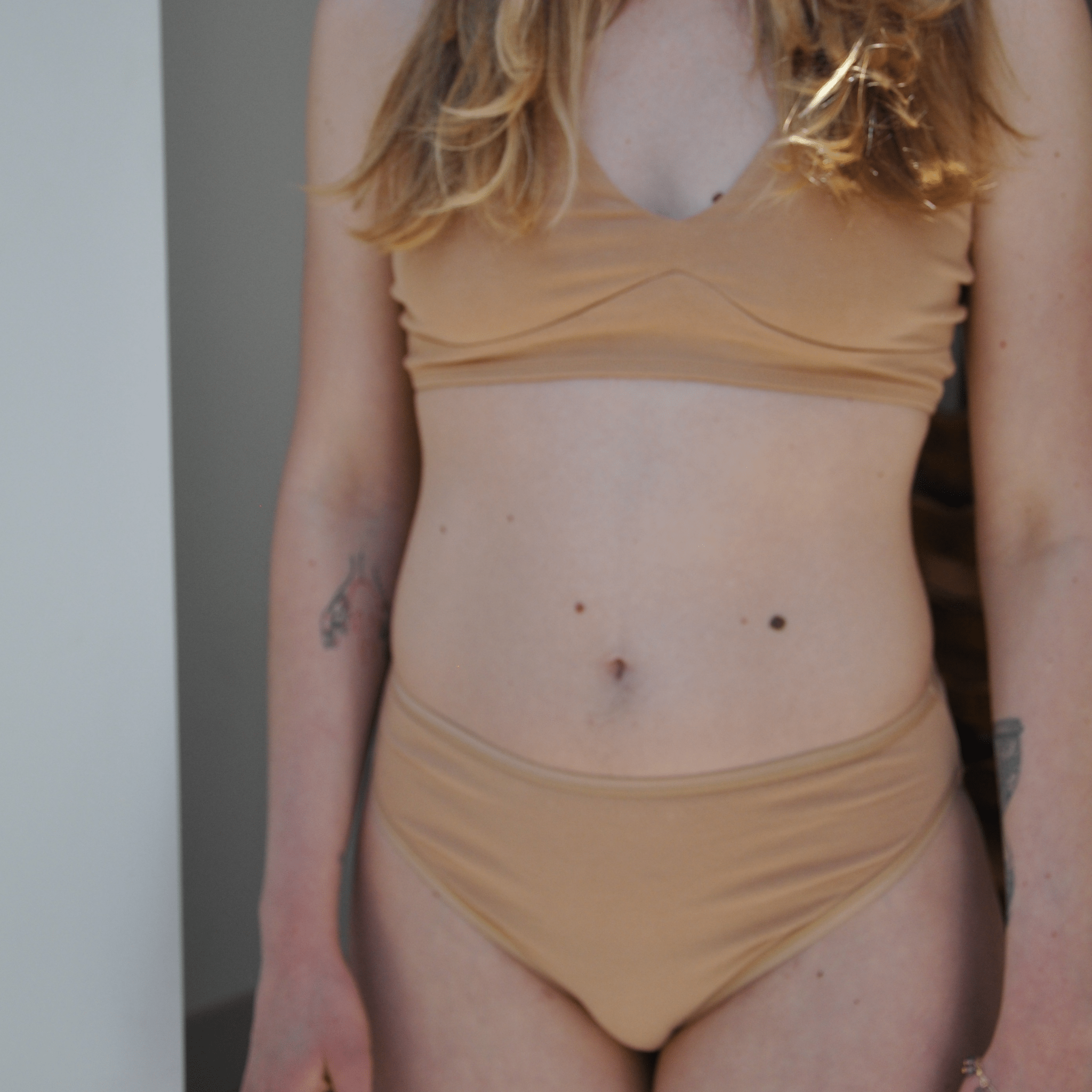 Women's organic cotton matching bralette and mid - rise bikini set - almond (light nude) - Y.O.U underwear