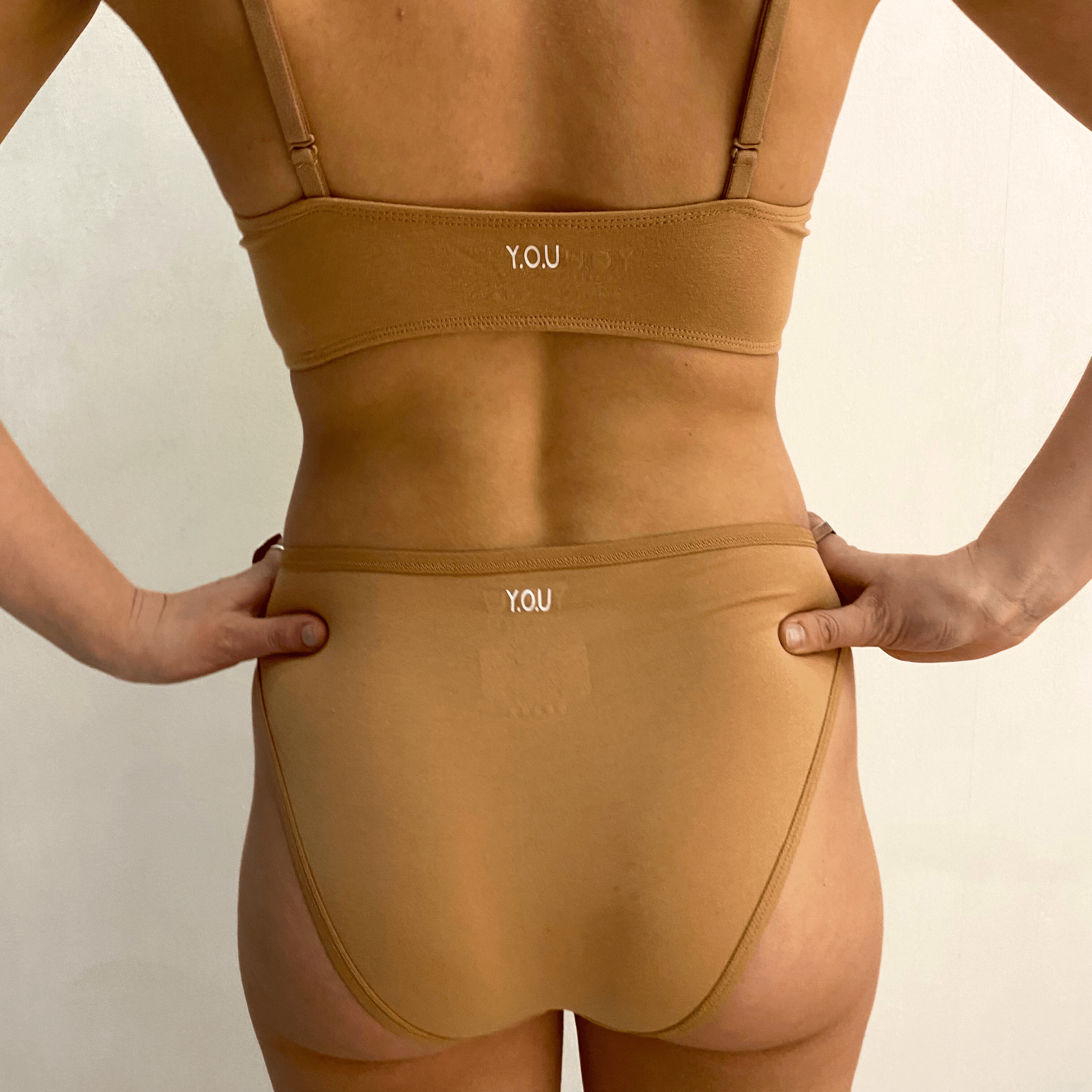 Women's organic cotton matching bralette and mid - rise bikini set - almond (light nude) - Y.O.U underwear