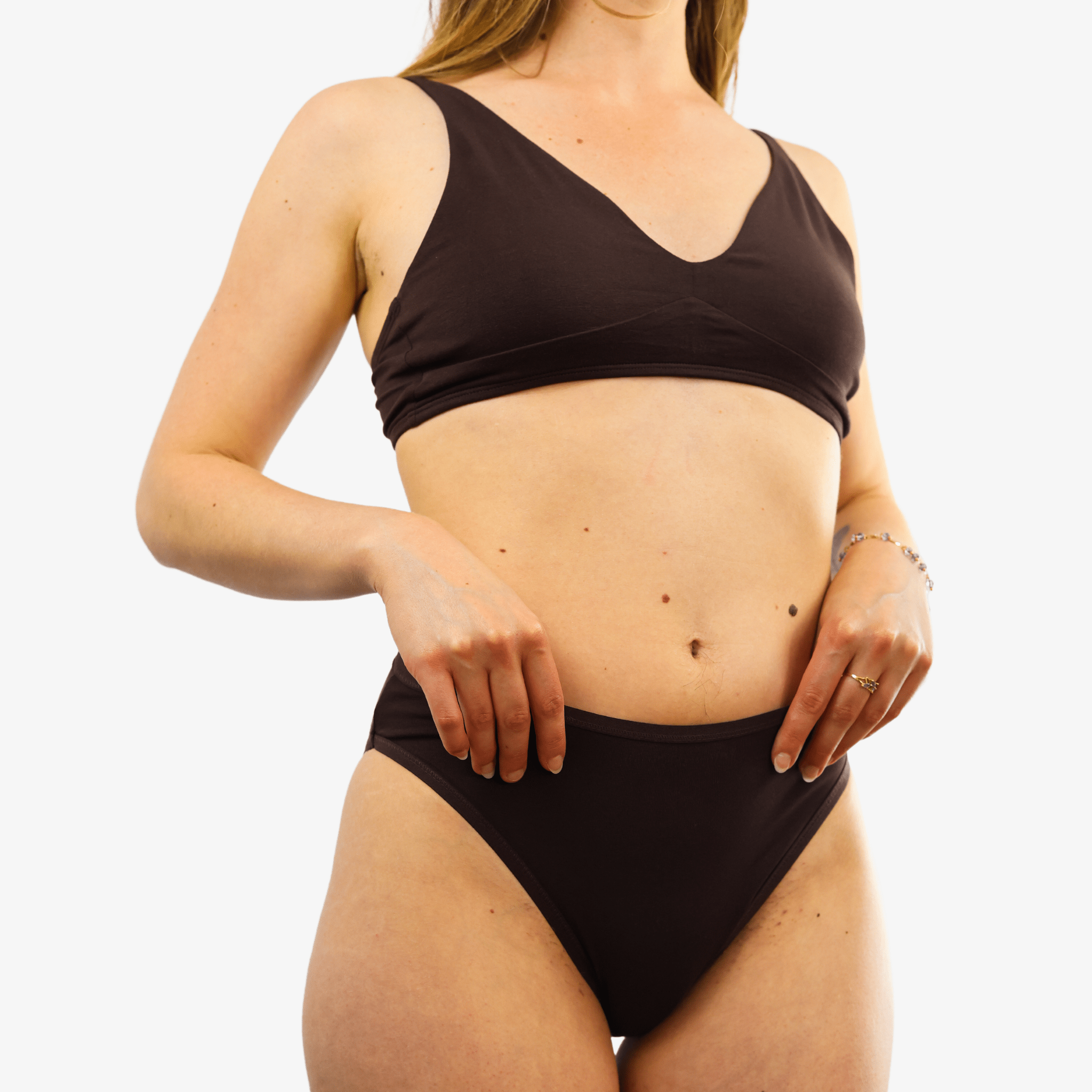 Women's organic cotton matching bralette and mid - rise bikini set - cocoa (dark nude) - Y.O.U underwear