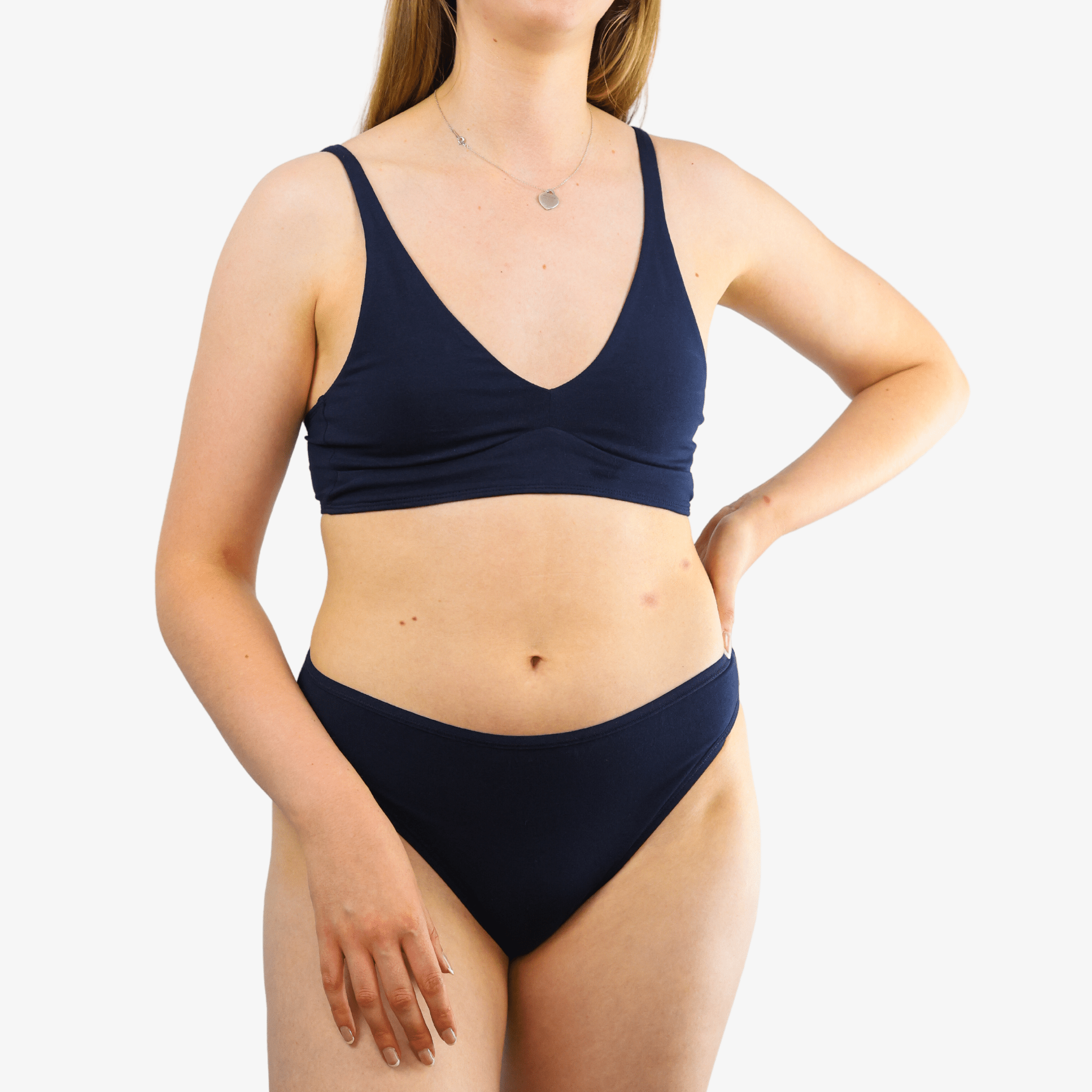 Women's organic cotton matching bralette and mid - rise bikini set - Navy blue - Y.O.U underwear