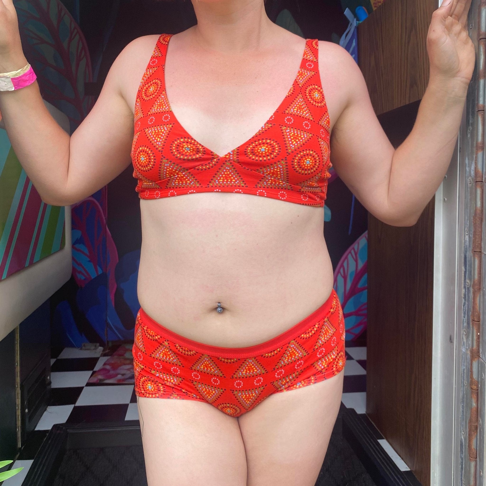 Women's organic cotton matching bralette and plain boy shorts set - Red Mara design - Y.O.U underwear