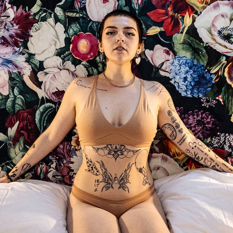 Women's organic cotton matching bralette and thong set - almond (light nude) - Y.O.U underwear