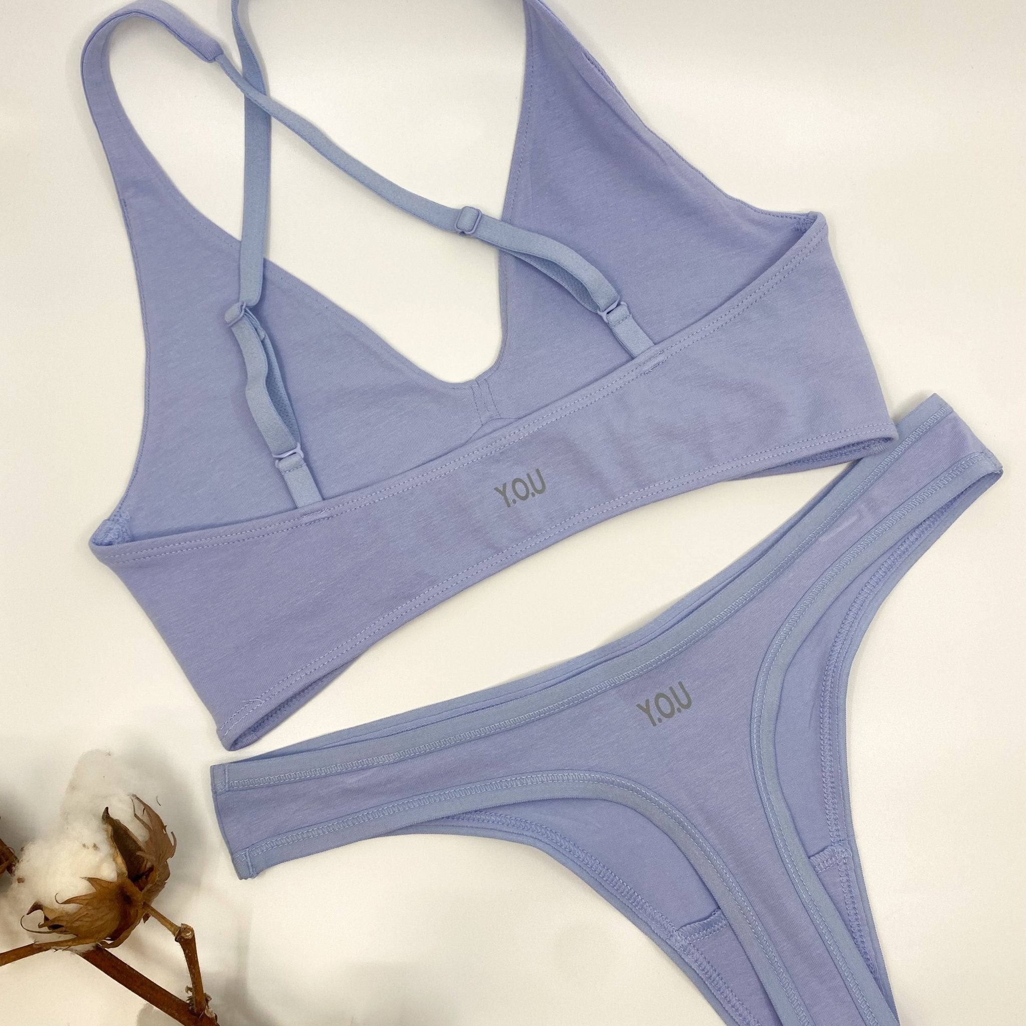 Women's organic cotton matching bralette and thong set in light blue - Y.O.U underwear