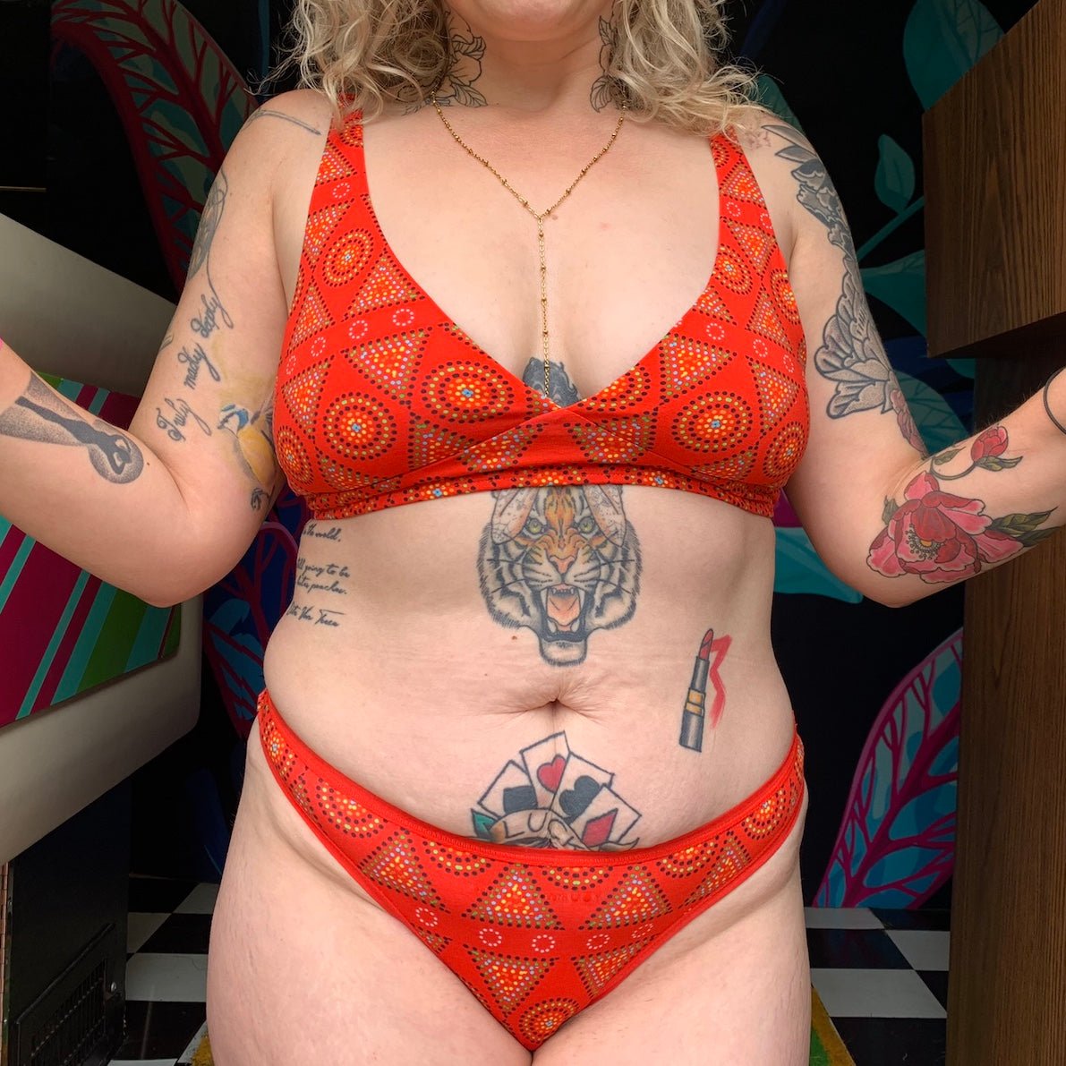 Women's organic cotton matching bralette and thong set - Red Mara design - Y.O.U underwear