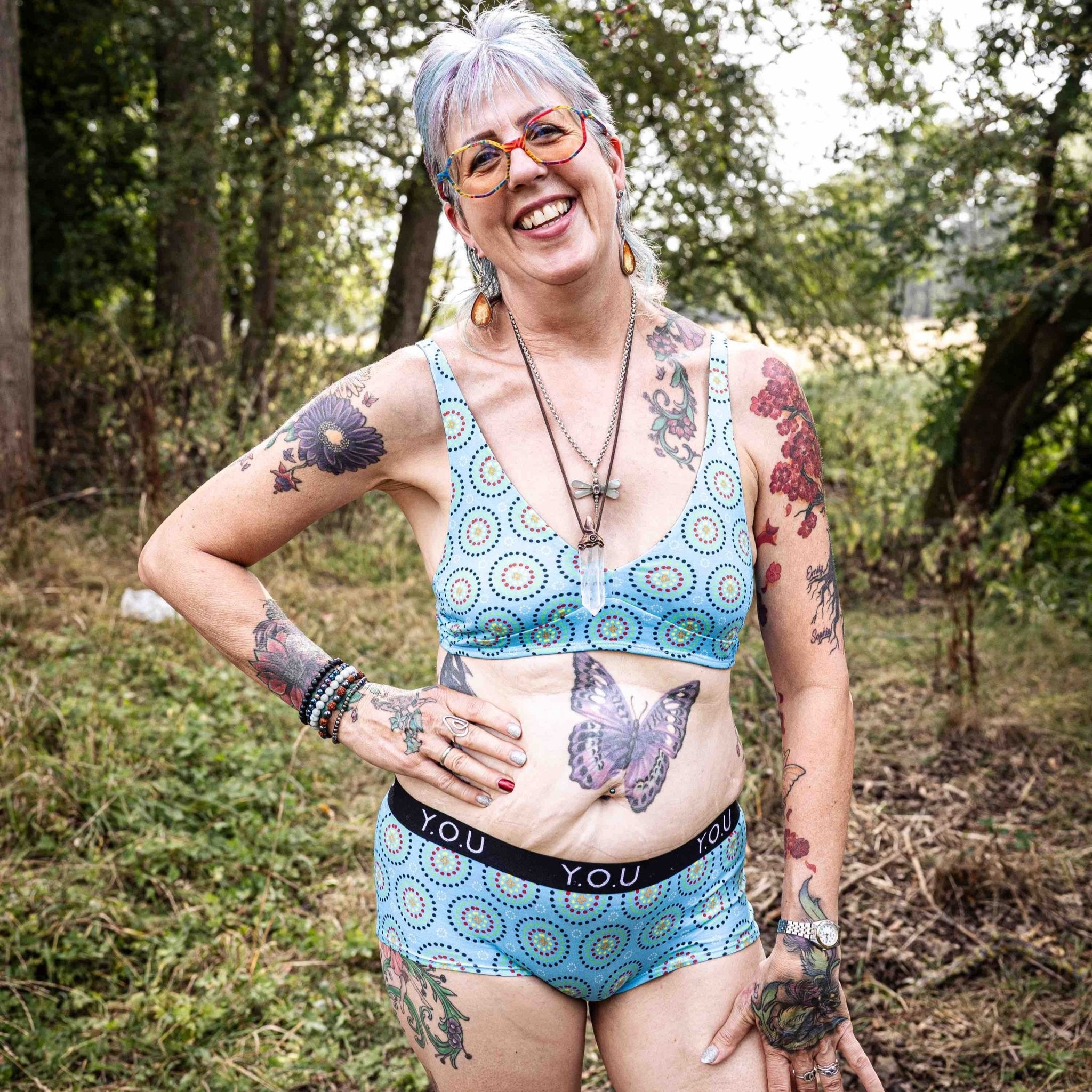 Women's organic cotton matching bralette and Y.O.U boy shorts set - Blue Mara design - Y.O.U underwear