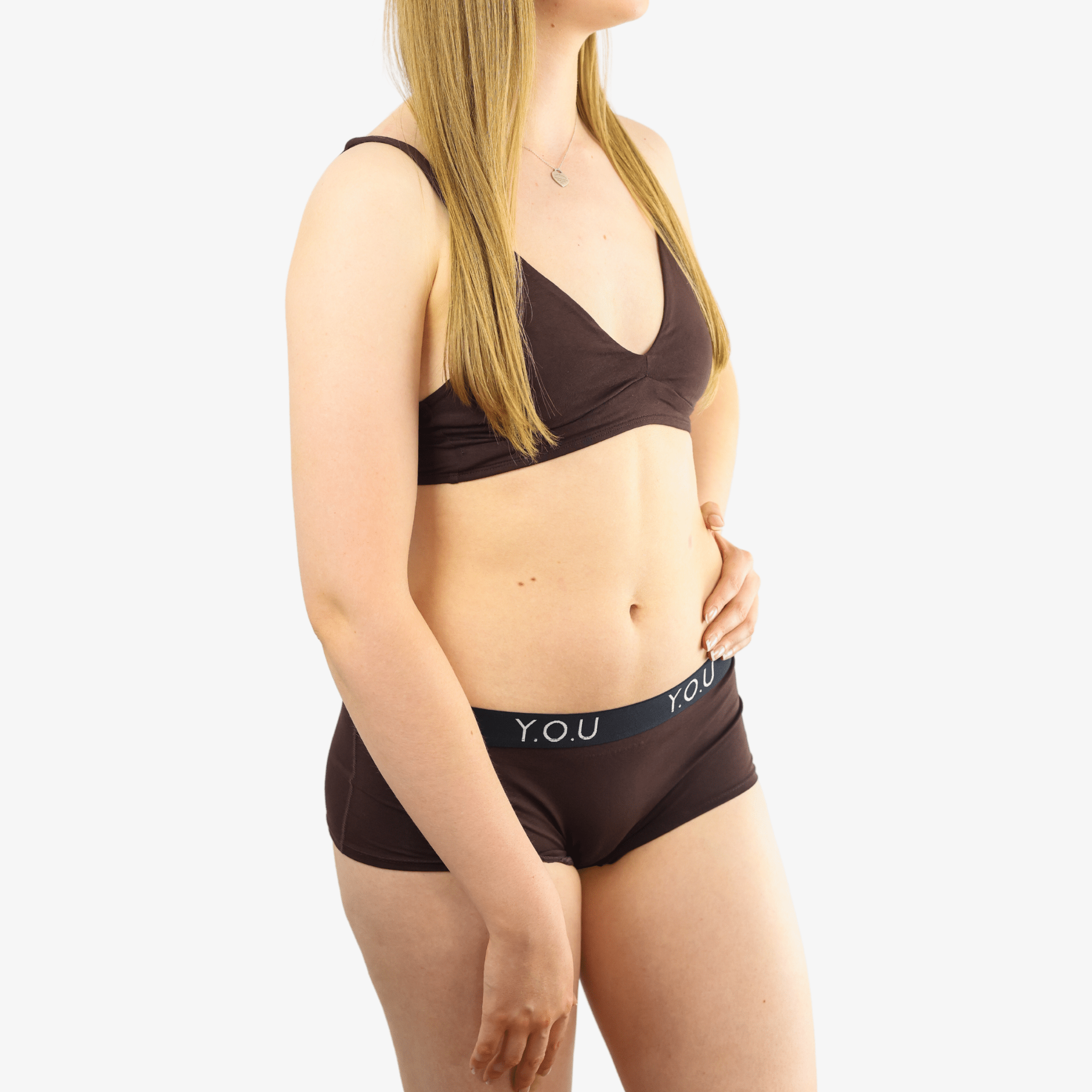 Women's organic cotton matching bralette and Y.O.U boy shorts set - cocoa (dark nude) - Y.O.U underwear