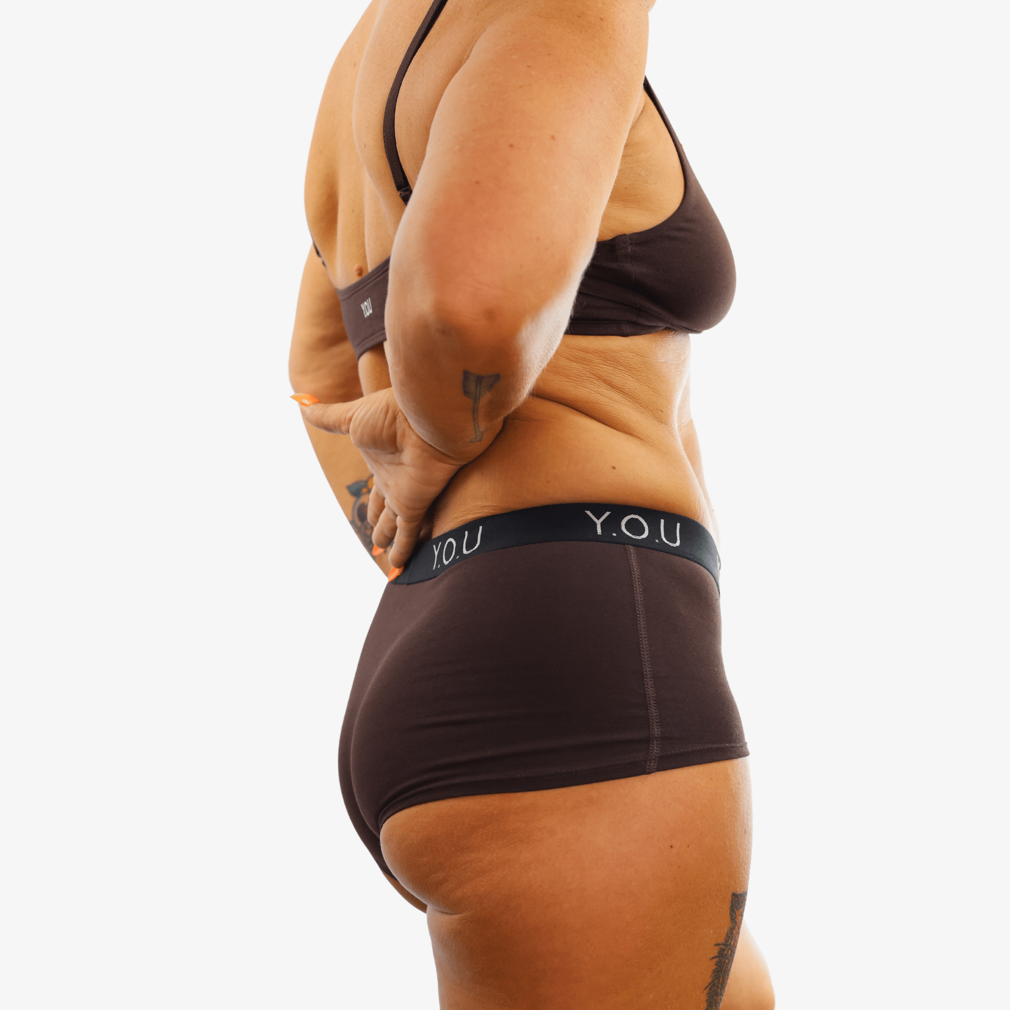 Women's organic cotton matching bralette and Y.O.U boy shorts set - cocoa (dark nude) - Y.O.U underwear