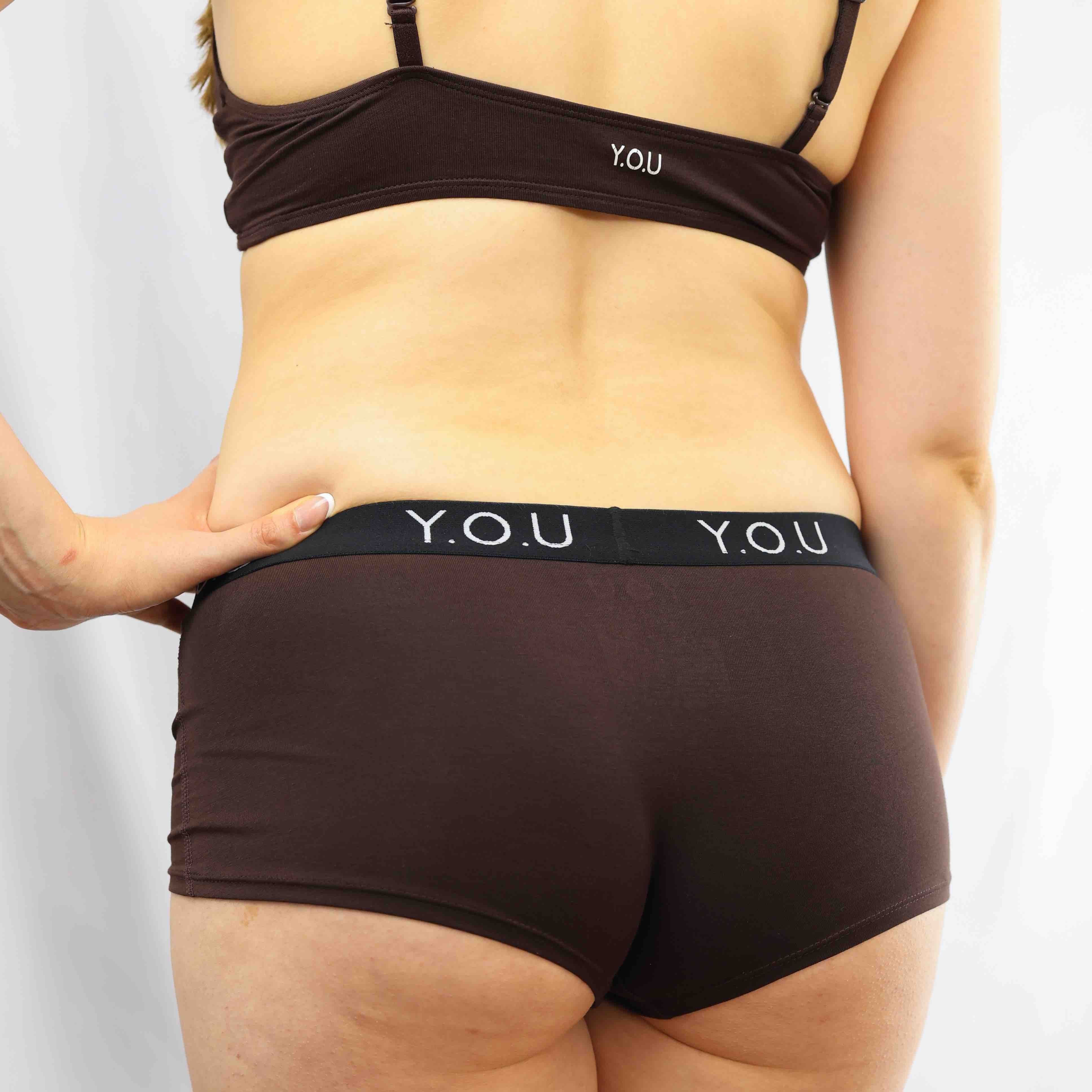 Women's organic cotton matching bralette and Y.O.U boy shorts set - cocoa (dark nude) - Y.O.U underwear