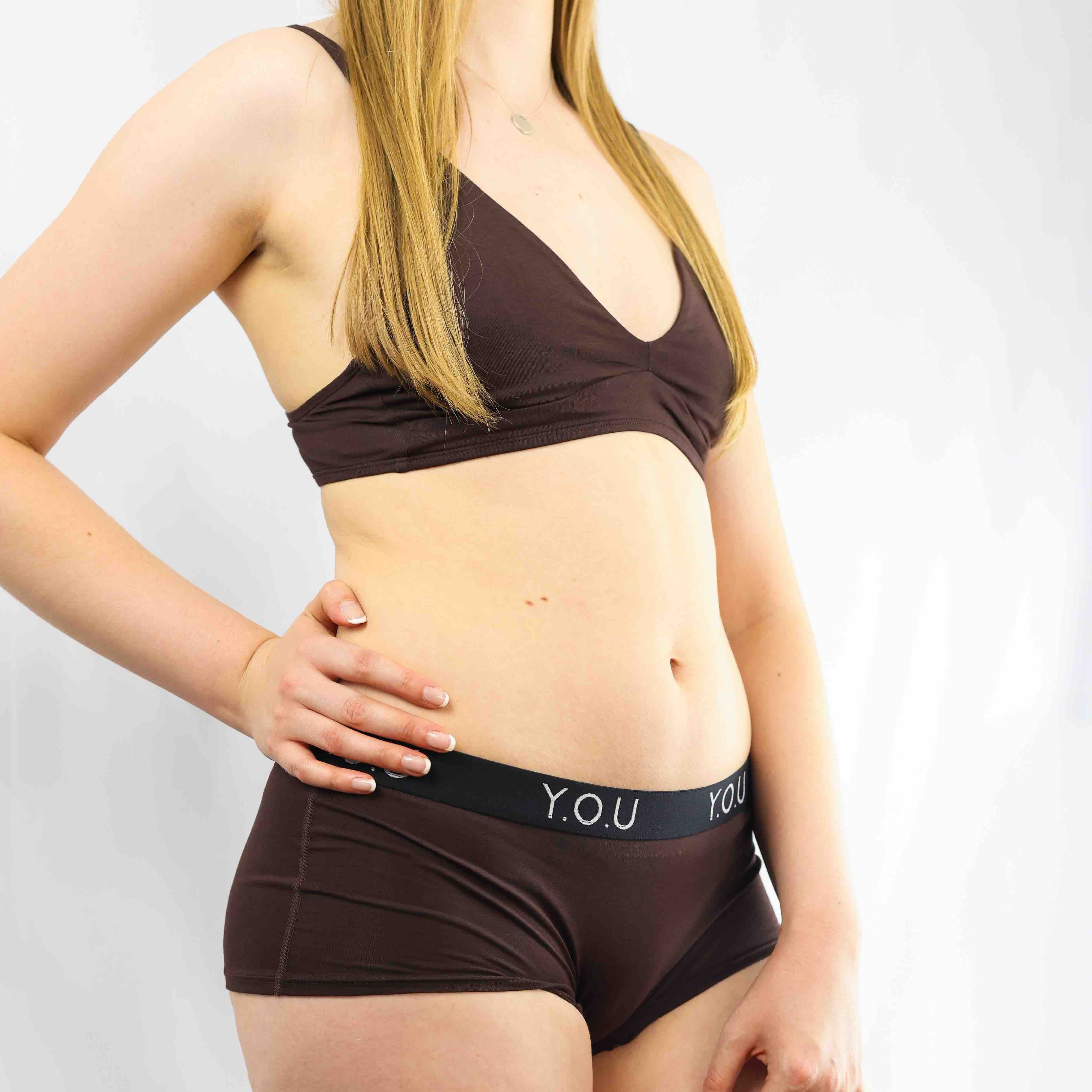 Women's organic cotton matching bralette and Y.O.U boy shorts set - cocoa (dark nude) - Y.O.U underwear