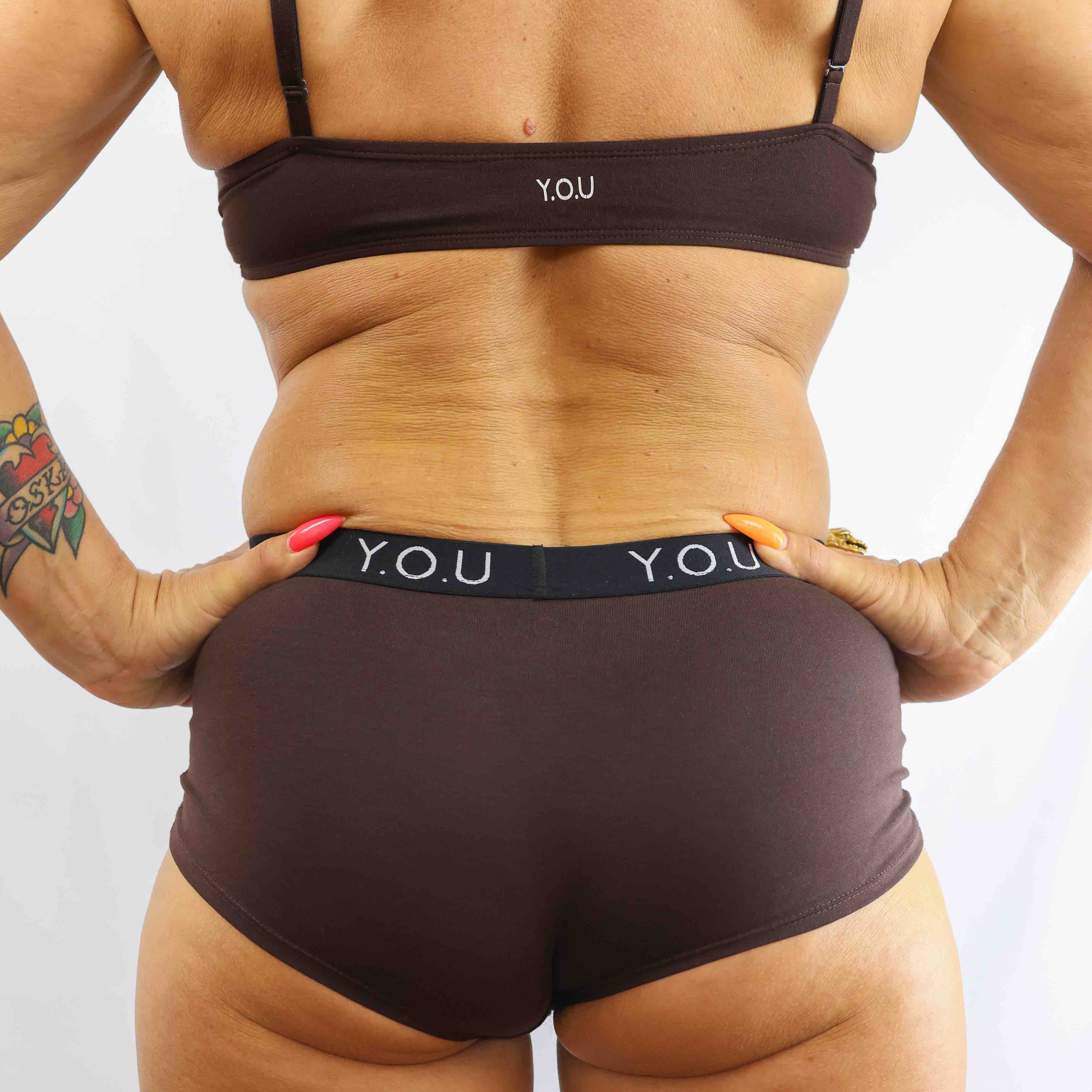 Women's organic cotton matching bralette and Y.O.U boy shorts set - cocoa (dark nude) - Y.O.U underwear