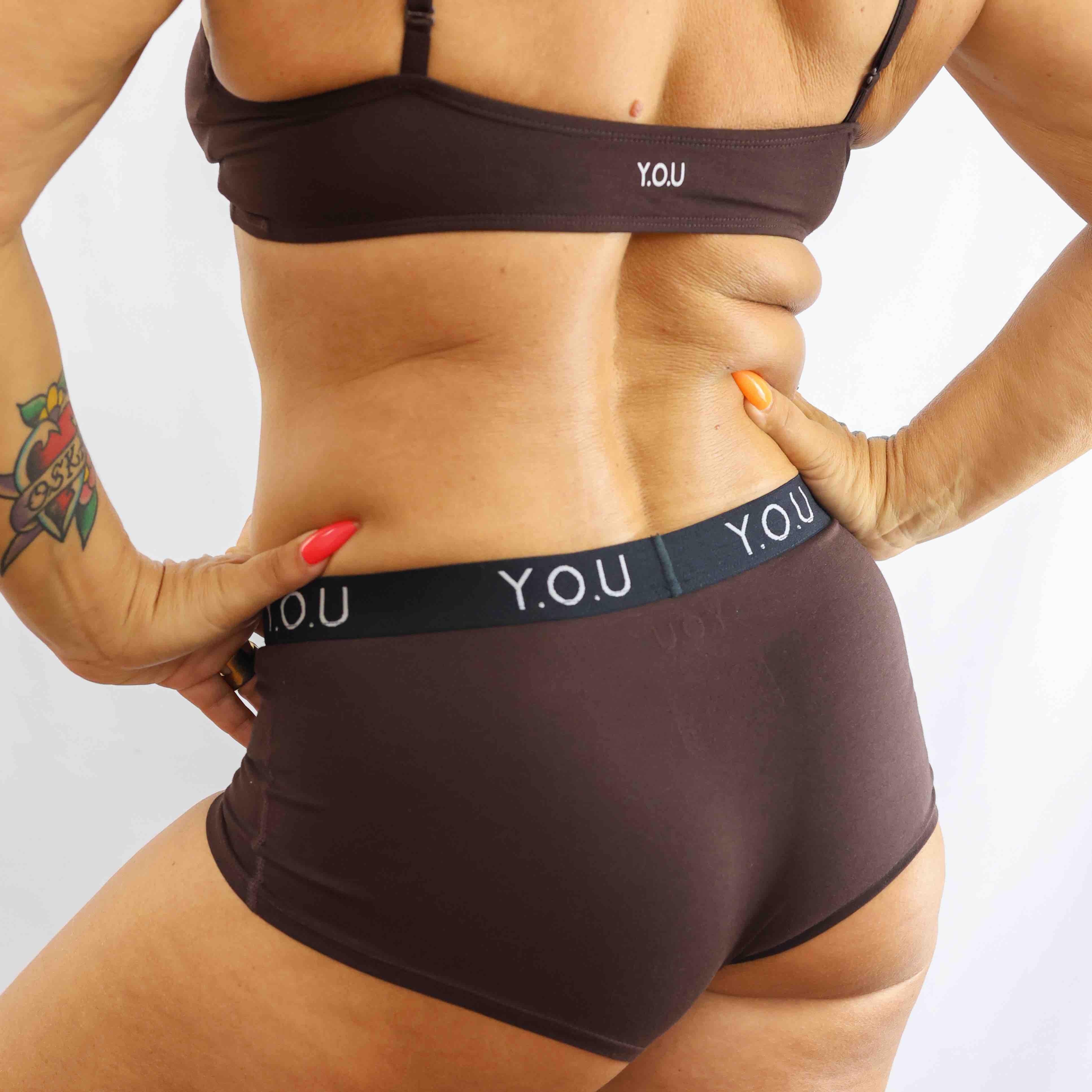 Women's organic cotton matching bralette and Y.O.U boy shorts set - cocoa (dark nude) - Y.O.U underwear