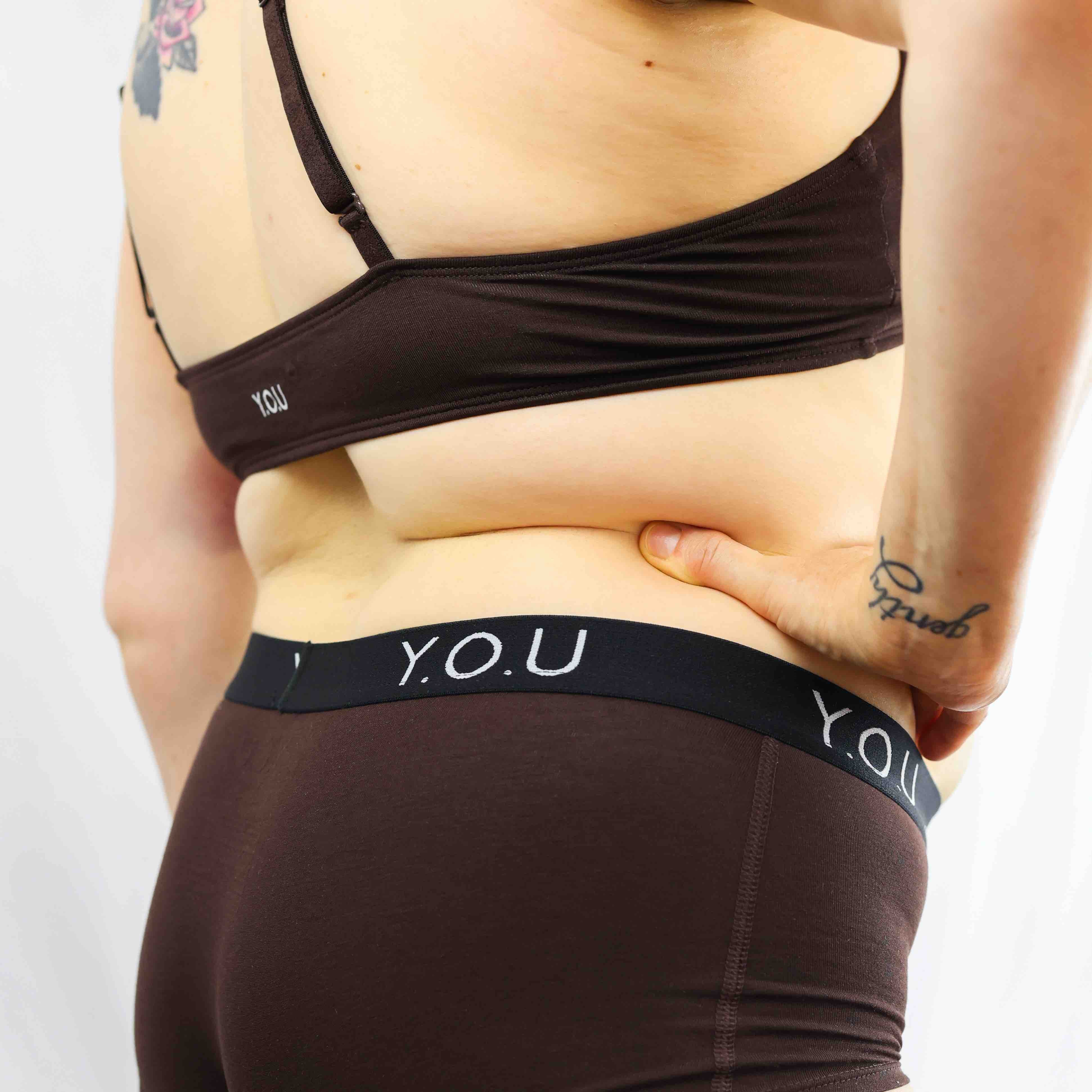 Women's organic cotton matching bralette and Y.O.U boy shorts set - cocoa (dark nude) - Y.O.U underwear