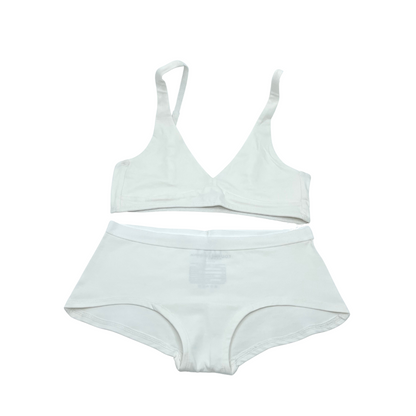 Women's organic cotton matching bralette and boy shorts set - white