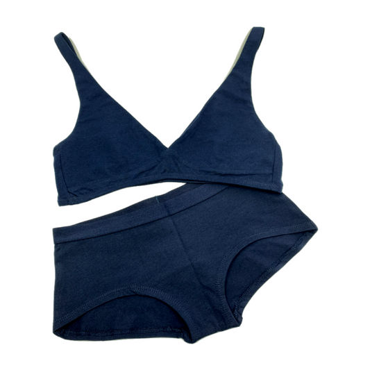 Women's organic cotton matching bralette and boy shorts set - navy blue