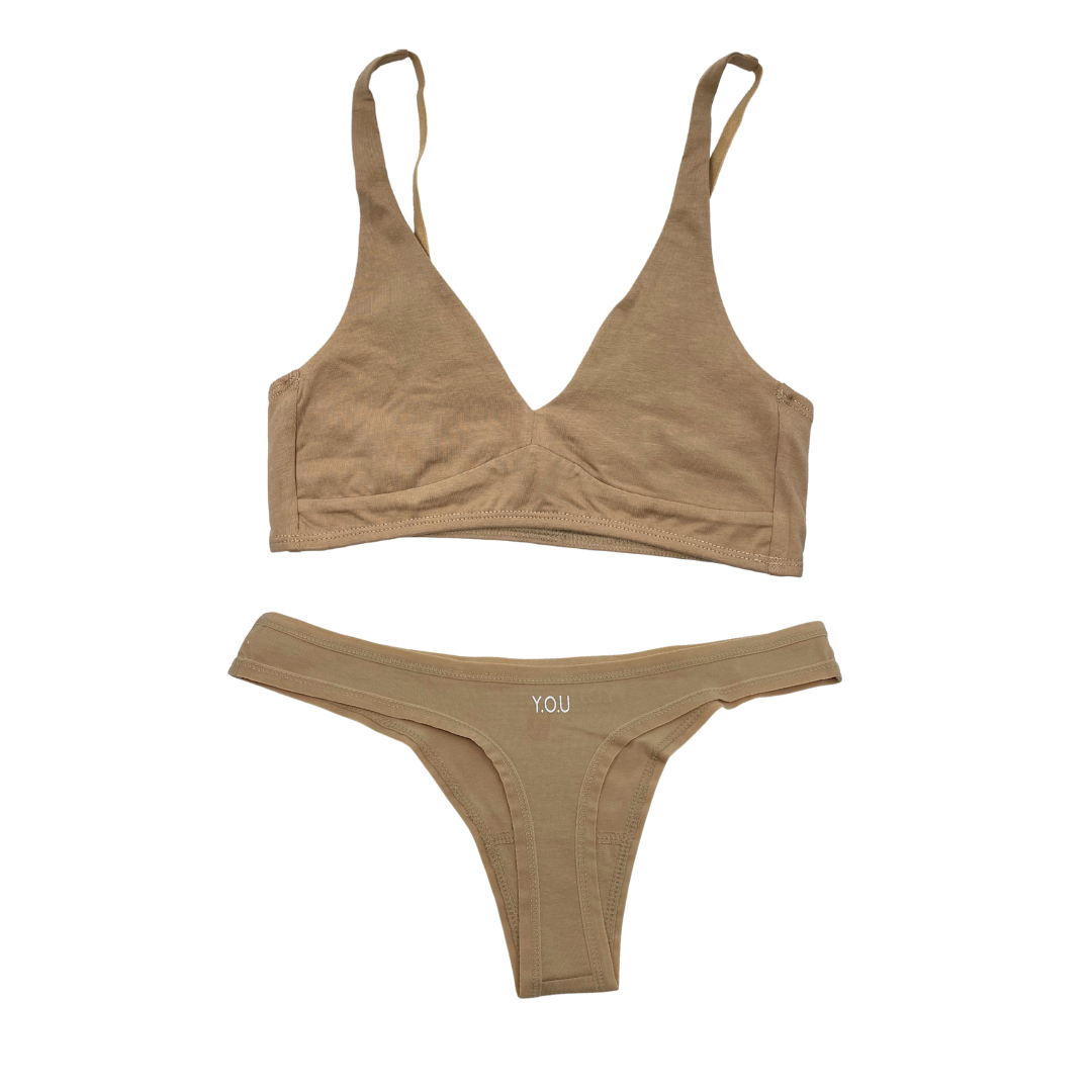 Women's organic cotton matching bralette and thong set - almond (light nude)