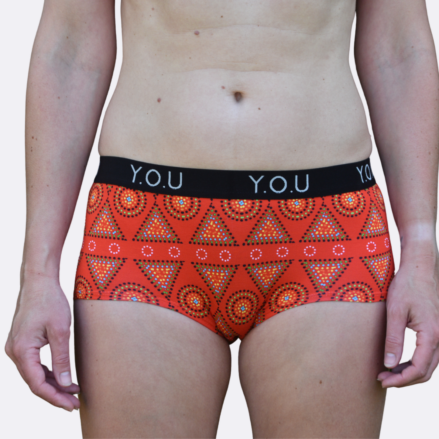 Women’s organic cotton boy shorts with Y.O.U elastic - Red Mara design