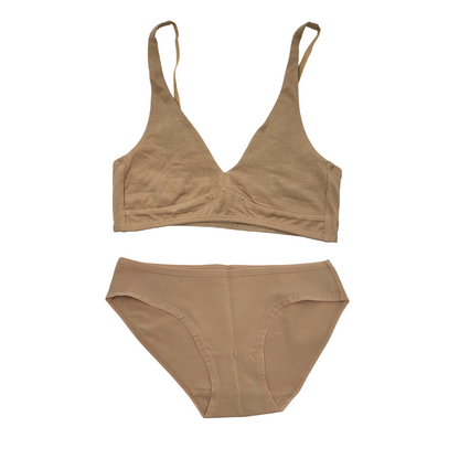 Women's organic cotton matching bralette and bikini set - almond (light nude)