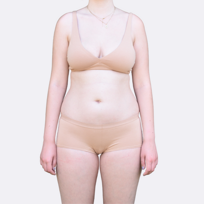 Women's organic cotton matching bralette and boy shorts set - almond (light nude)