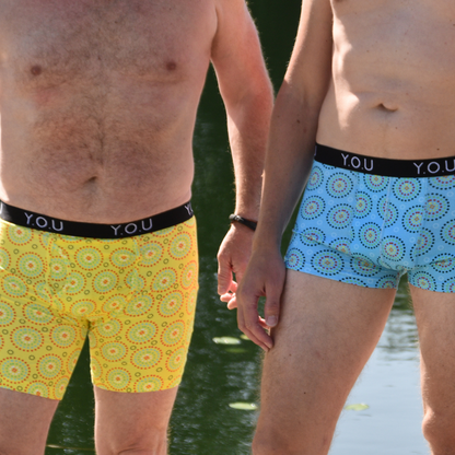 Men's organic cotton longer-leg trunks - Yellow Mara design