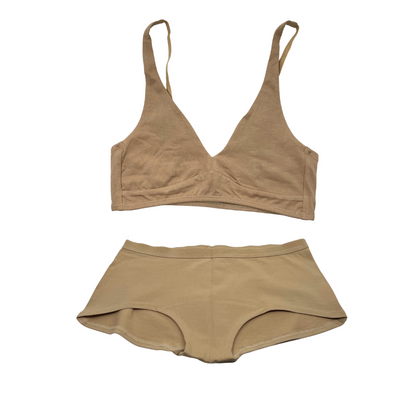 Women's organic cotton matching bralette and boy shorts set - almond (light nude)