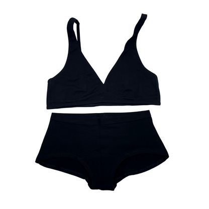 Women's organic cotton matching bralette and boy shorts set - black