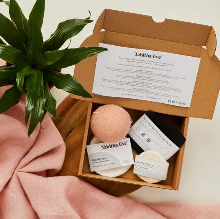 Eco Beauty Essentials Box with a konjac sponge, reusable makeup wipes, reusable nail polish wipes and a looah