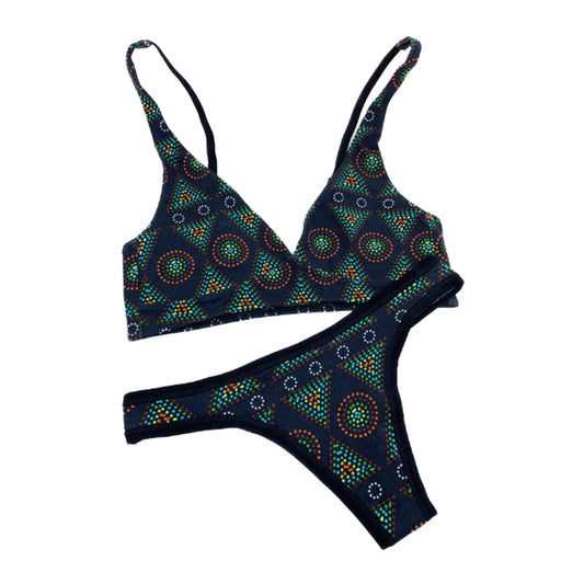 Women's organic cotton matching bralette and thong set - Black Mara design