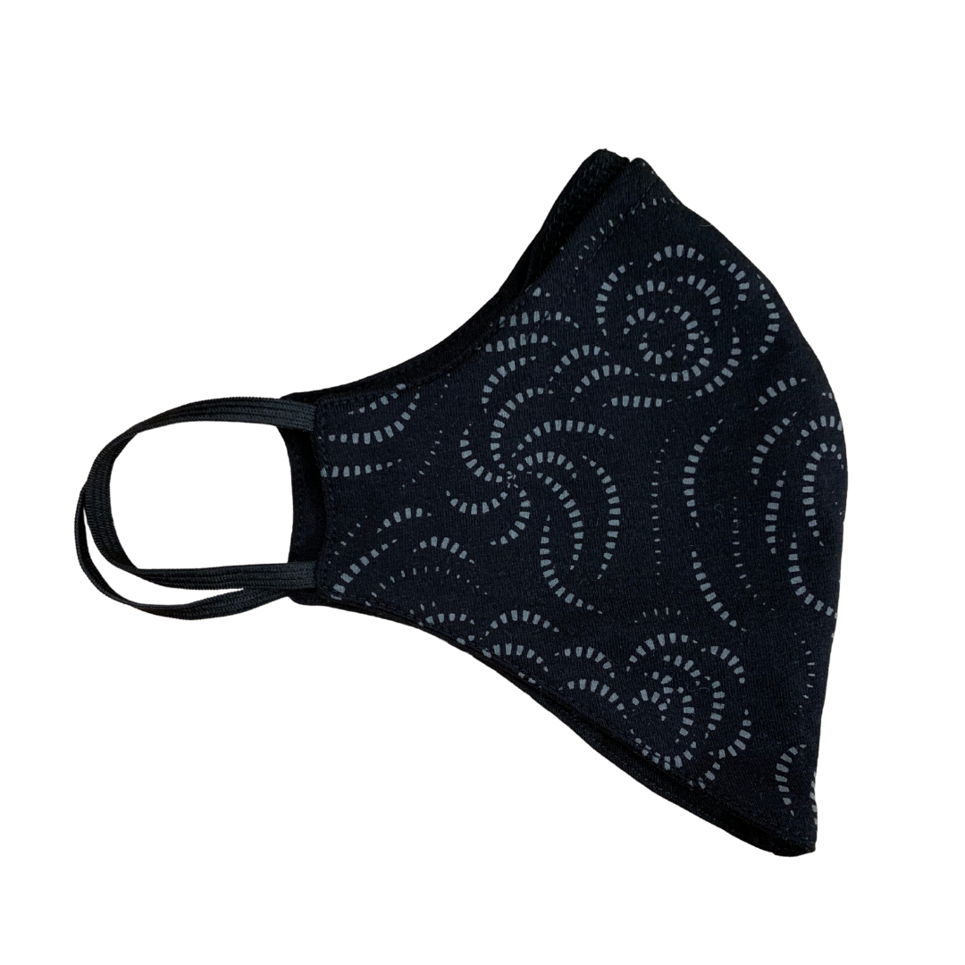 Organic cotton face mask - black with grey swirl pattern, reversible design