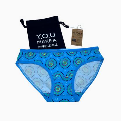 Women's organic cotton matching bralette and bikini set - Blue Mara design