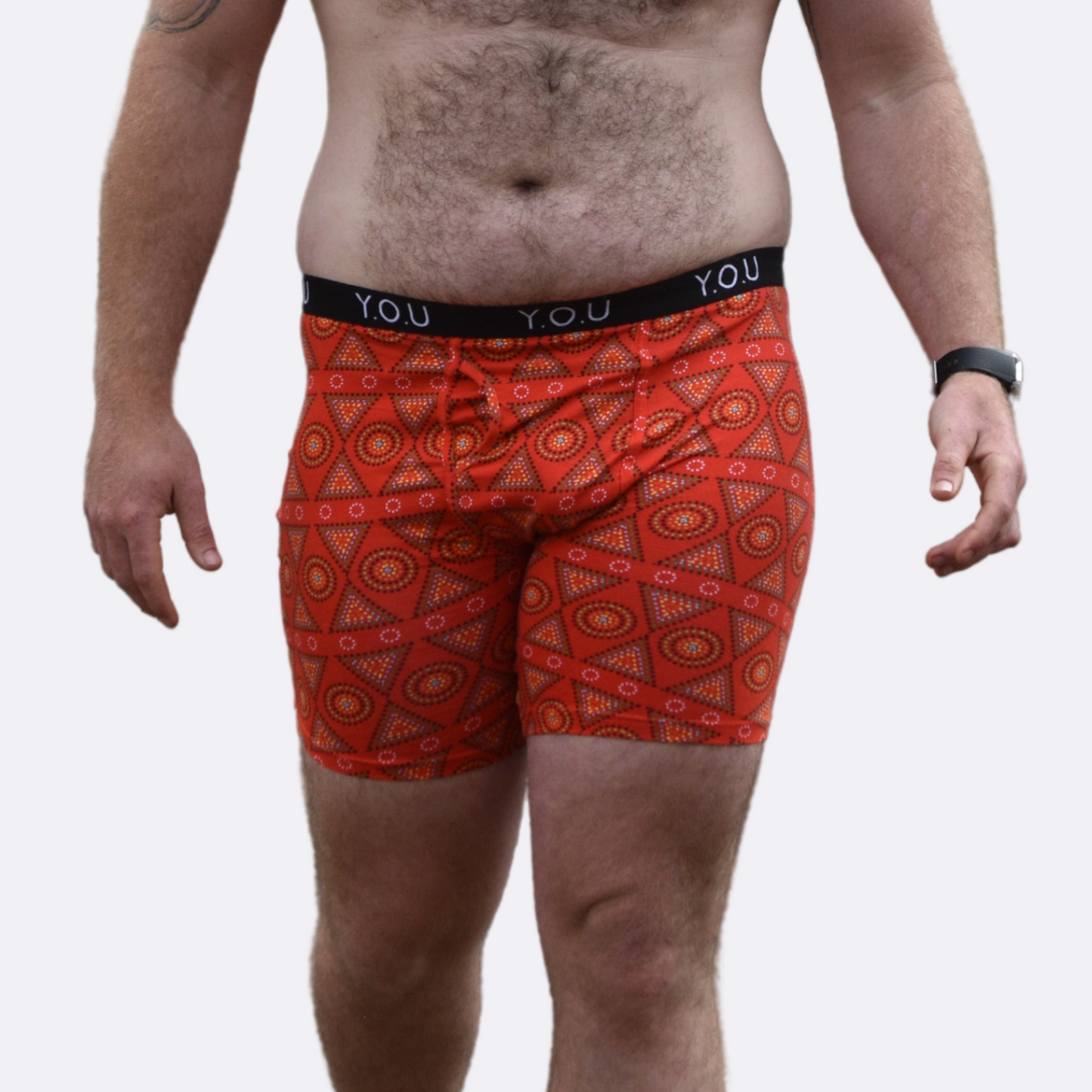 Men's organic cotton longer-leg trunks - Red Mara design