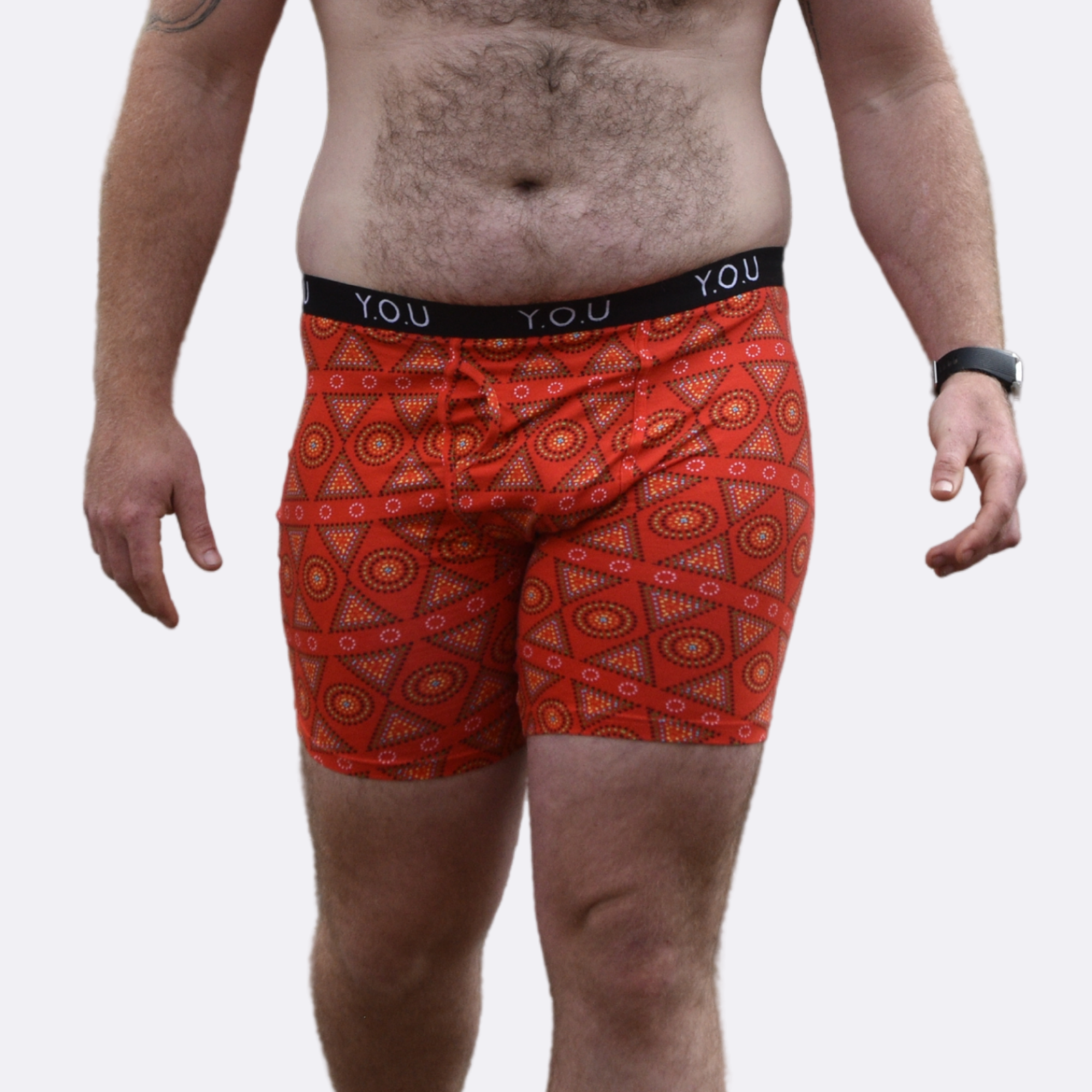 Men's organic cotton longer-leg trunks - Red Mara design