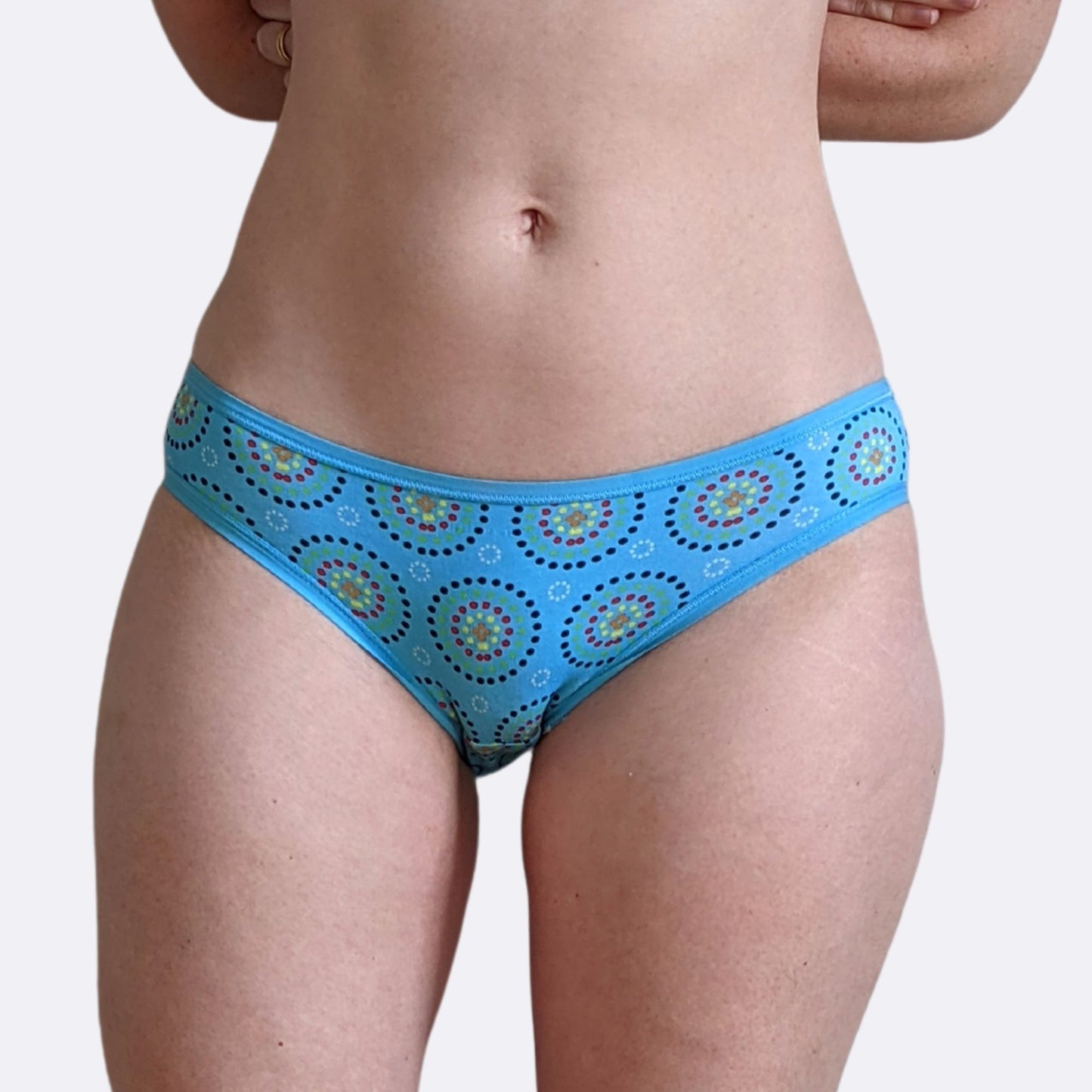 Women's organic cotton low-rise bikini bottoms - Blue Mara design