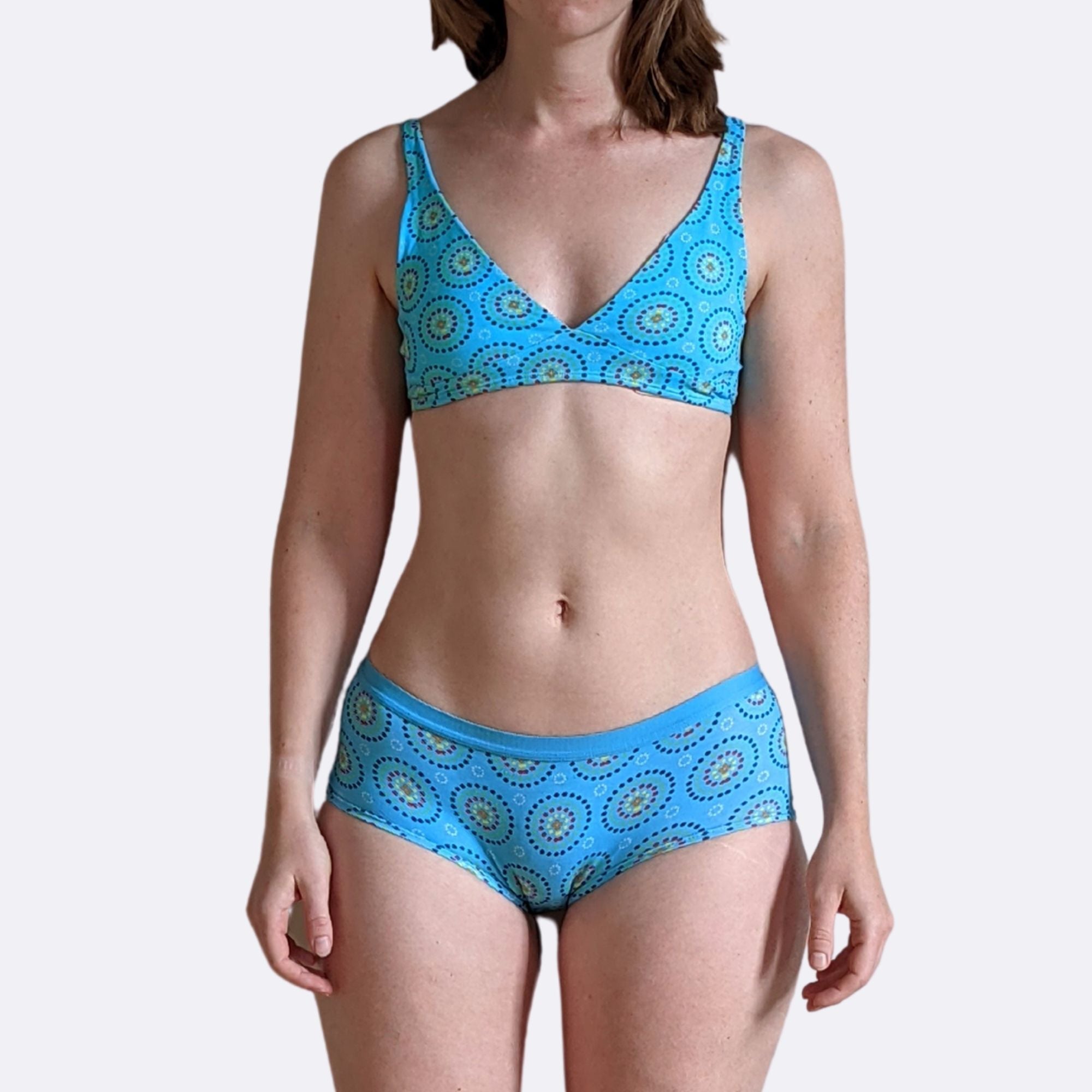 Women's organic cotton matching bralette and plain boy shorts set - Blue Mara design