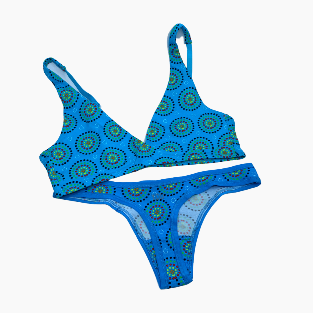 Women's organic cotton matching bralette and thong set - Blue Mara design