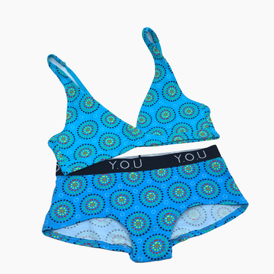 Women's organic cotton matching bralette and Y.O.U boy shorts set - Blue Mara design