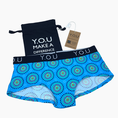 Women's organic cotton matching bralette and Y.O.U boy shorts set - Blue Mara design