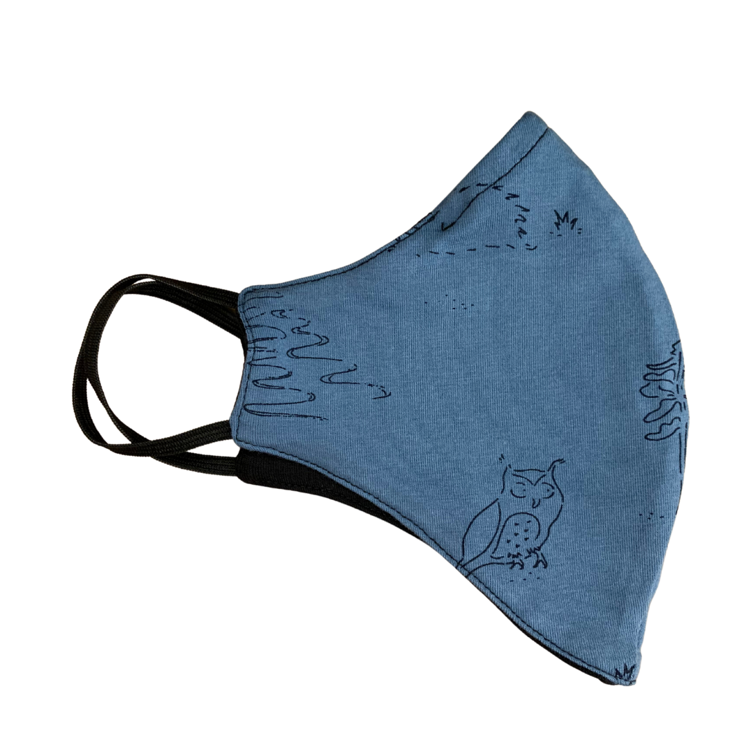 Organic cotton face mask - blue animal line drawing pattern, reversible design