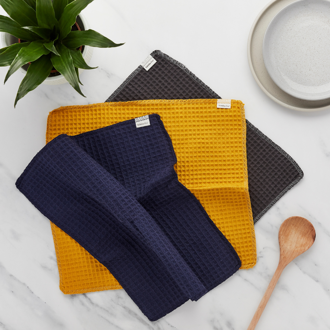 Pack of 3 cotton dishcloths, in navy, mustard yellow and dark grey