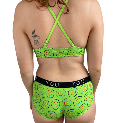 Women's organic cotton matching bralette and Y.O.U boy shorts set - Green Mara design